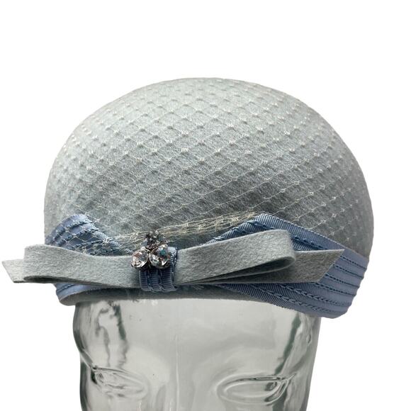 Ritz Henry Pollack Hat Dusty Blue Jewel Bow Band Baby Blue Net Cover Circa 60s - Picture 2 of 9